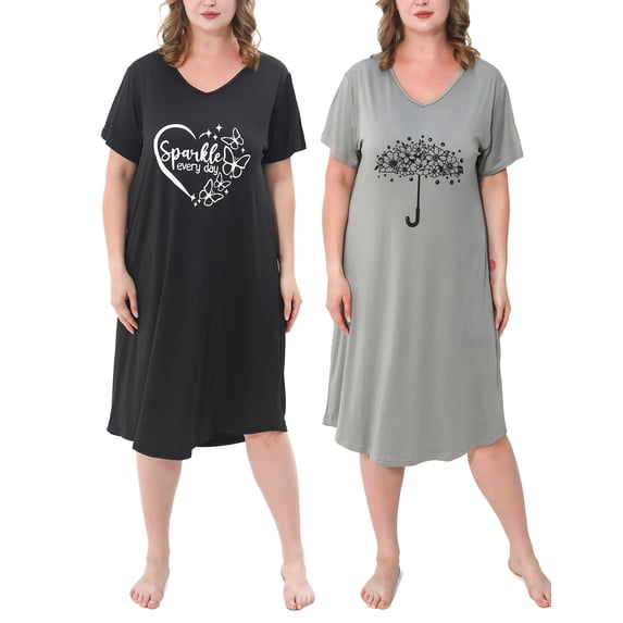 FEREMO Plus Size Nightgowns for Women Short Sleeve Printed Sleepwear Long Comfy Sleep Gown 2 Pack (1X)