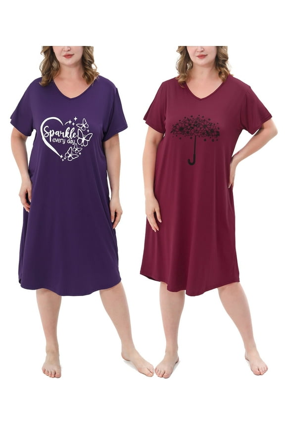 Plus Size Nightgowns for Women Short Sleeve Printed Sleepwear Long Comfy Sleep Gown 2 Pack (5X)