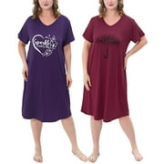 FEREMO Plus Size Nightgowns for Women Short Sleeve Printed Sleepwear Long Comfy Sleep Gown 2 Pack (3X)