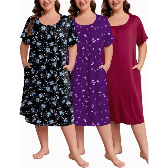 FEREMO 3 Pack Women's Plus Size Nightgown Short Sleeve Sleepwear Pleated with Pockets Sleepshirts