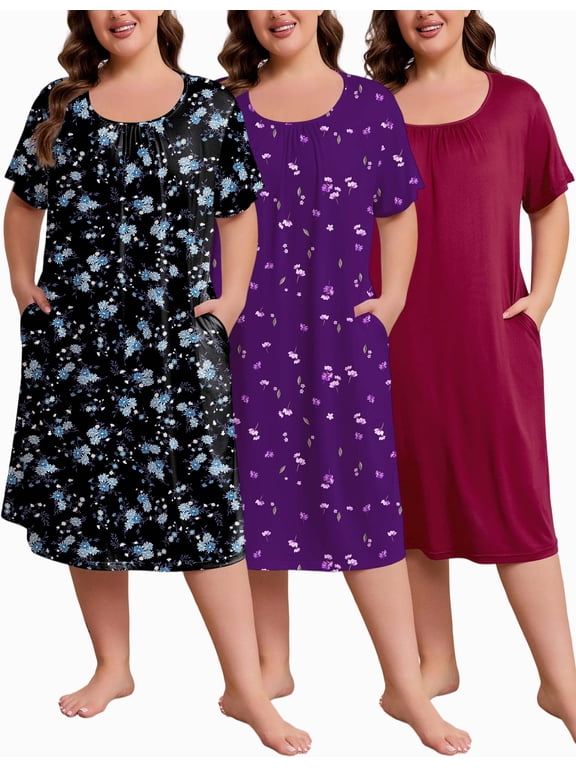 3 Pack Women's Plus Size Nightgown Short Sleeve Sleepwear Pleated with Pockets Sleepshirts