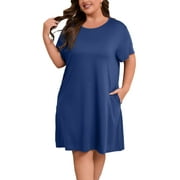 FEREMO Plus Size Nightgowns for Women Short Sleeve Sleepshirt Knee Length Sleepwear with Pockets
