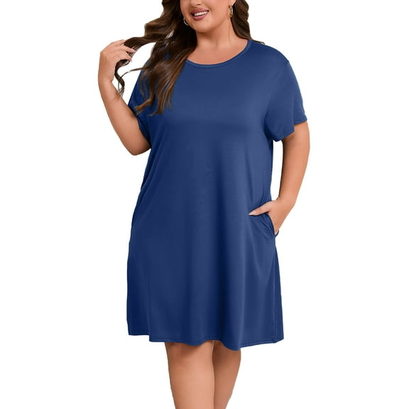 FEREMO Plus Size Nightgowns for Women Short Sleeve Sleepshirt Knee Length Sleepwear with Pockets