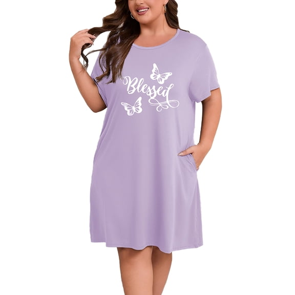 FEREMO Plus Size Nightgowns for Women Short Sleeve Sleepshirt Knee Length Sleepwear with Pockets