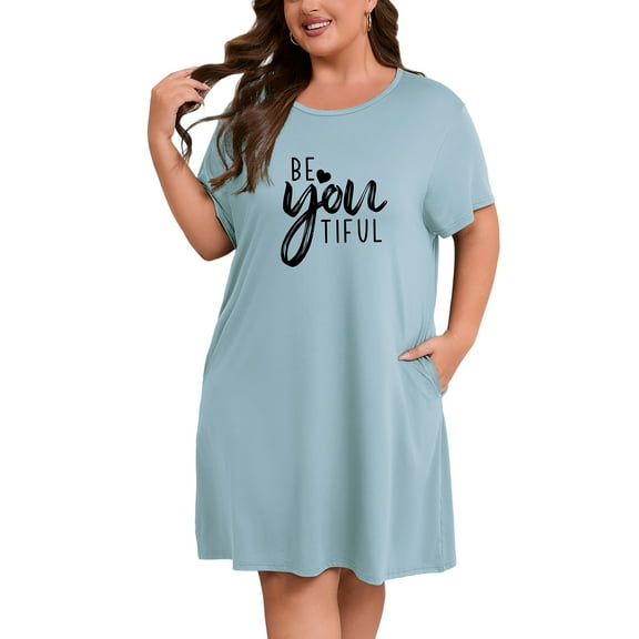 FEREMO Plus Size Nightgowns for Women Short Sleeve Sleepshirt Knee Length Sleepwear with Pockets