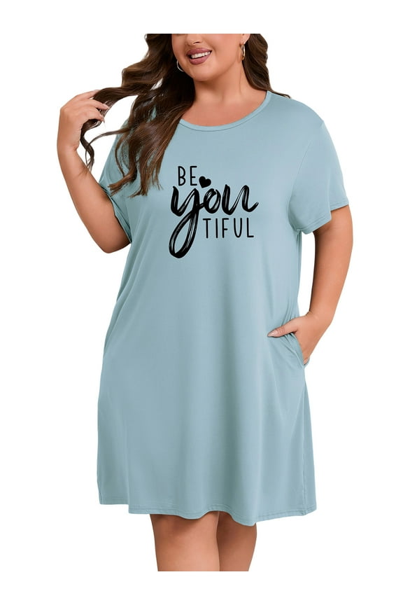 Plus Size Nightgowns for Women Short Sleeve Sleepshirt Knee Length Sleepwear with Pockets