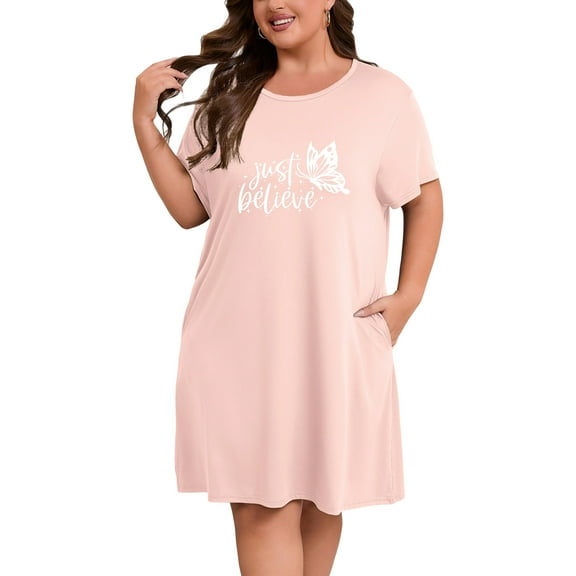 FEREMO Plus Size Nightgowns for Women Short Sleeve Sleepshirt Knee Length Sleepwear with Pockets