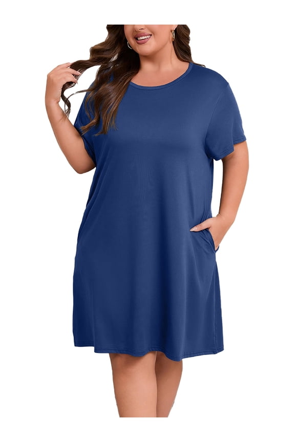 Plus Size Nightgowns for Women Short Sleeve Sleepshirt Knee Length Sleepwear with Pockets