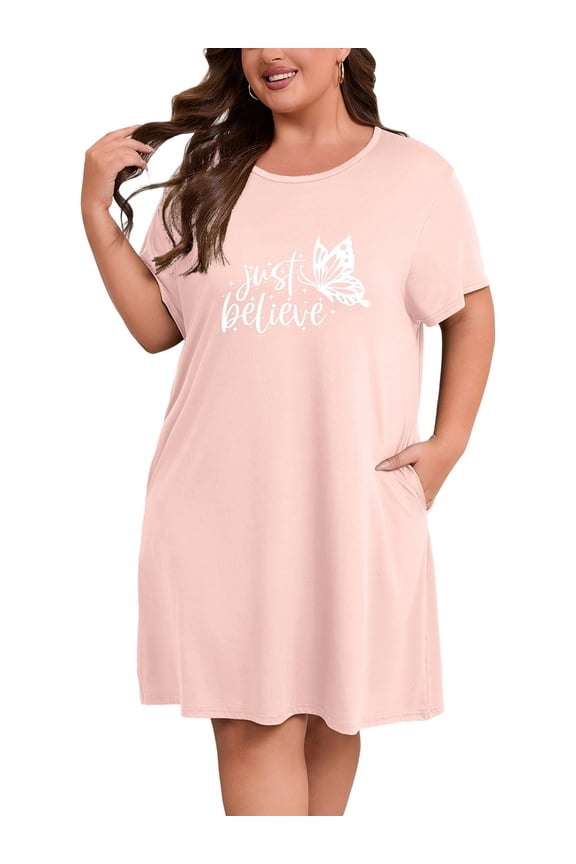 Plus Size Nightgowns for Women Short Sleeve Sleepshirt Knee Length Sleepwear with Pockets