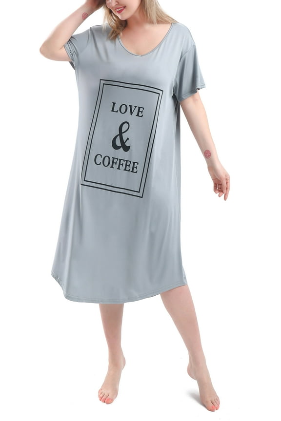Plus Size Nightgowns for Women V Neck Short Sleeve Nightshirts Sleep Wear Gown (Gray, 1X)
