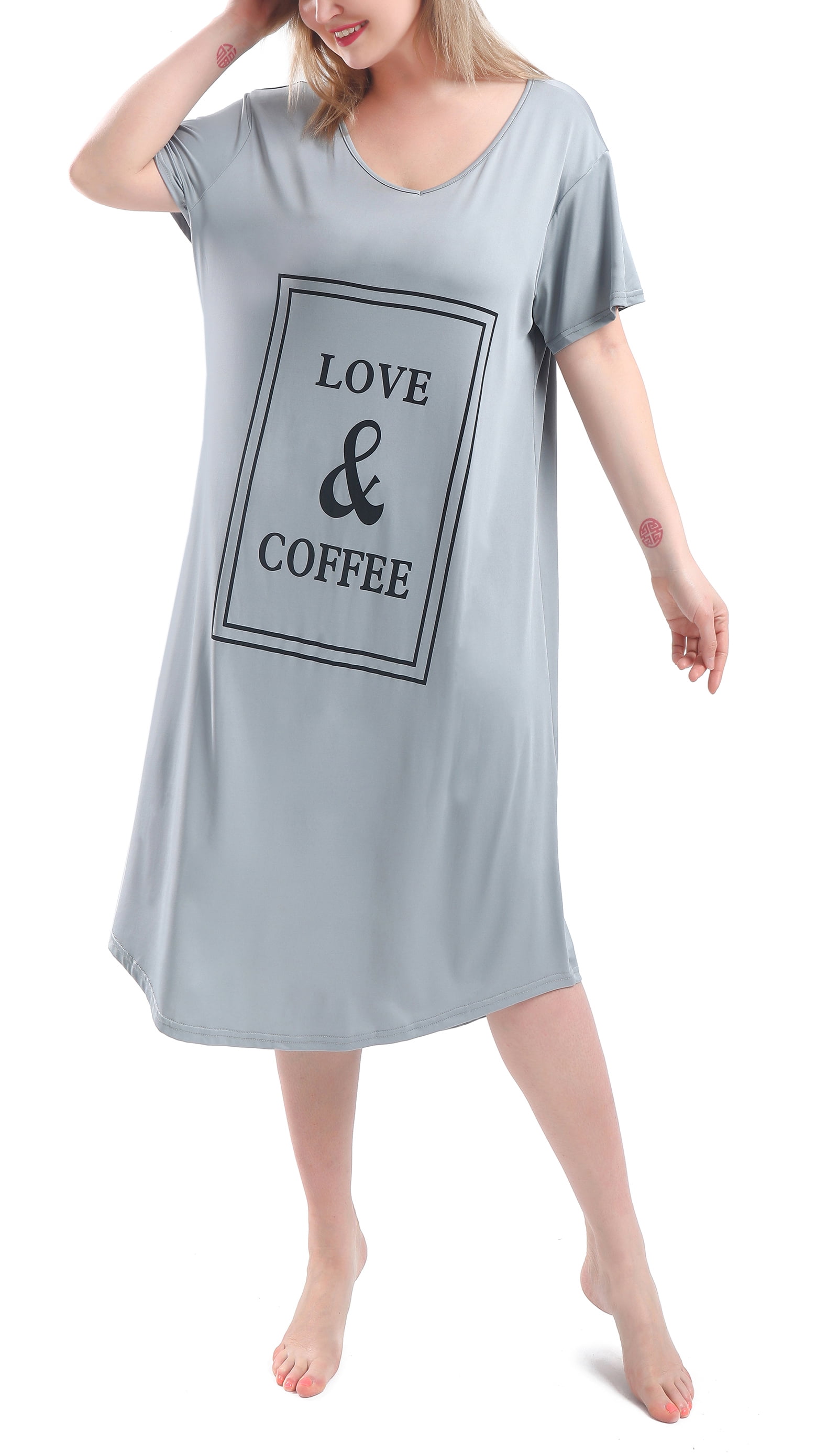 FEREMO Plus Size Women's Long Nightshirt, V Neck, Short Sleeve, Casual ...