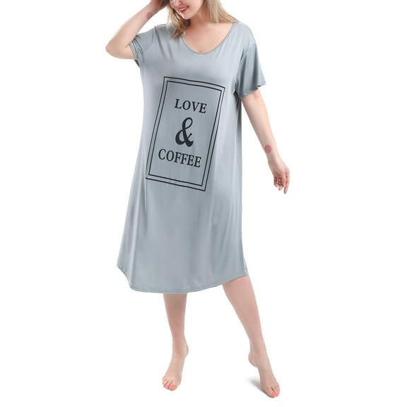 FEREMO Plus Size Nightgowns for Women V Neck Short Sleeve Nightshirts Sleep Wear Gowns (Gray,4X)