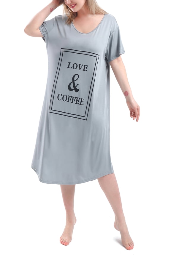 Plus Size Nightgowns for Women V Neck Short Sleeve Nightshirts Sleep Wear Gowns (Gray,4X)