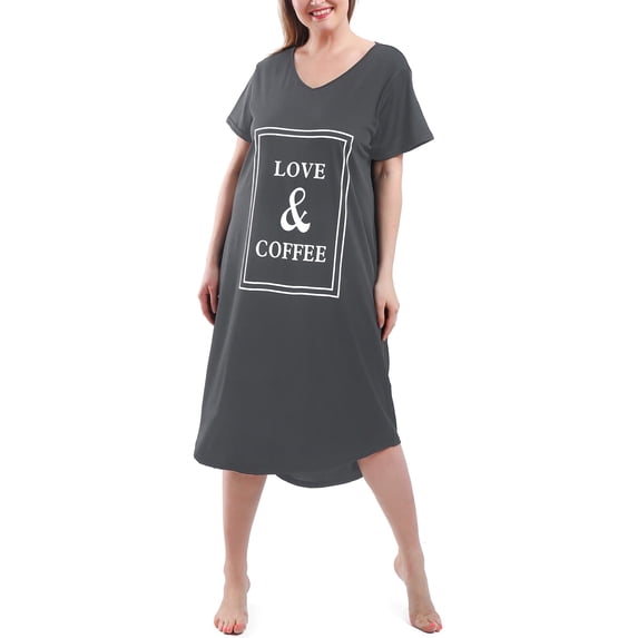 FEREMO Plus Size Nightgowns for Women V Neck Short Sleeve Nightshirts Sleepwear(DarkGray,2X)