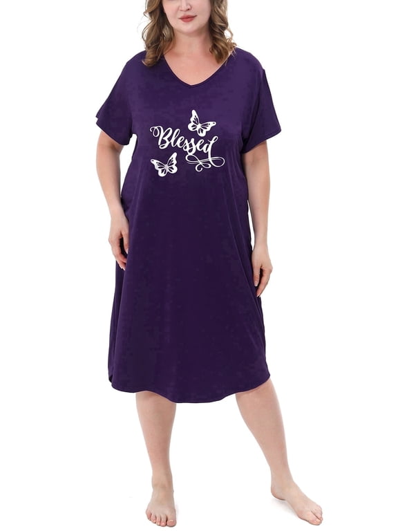 Plus Size Nightgowns for Women V Neck Short Sleeve Nightshirts Sleepwear