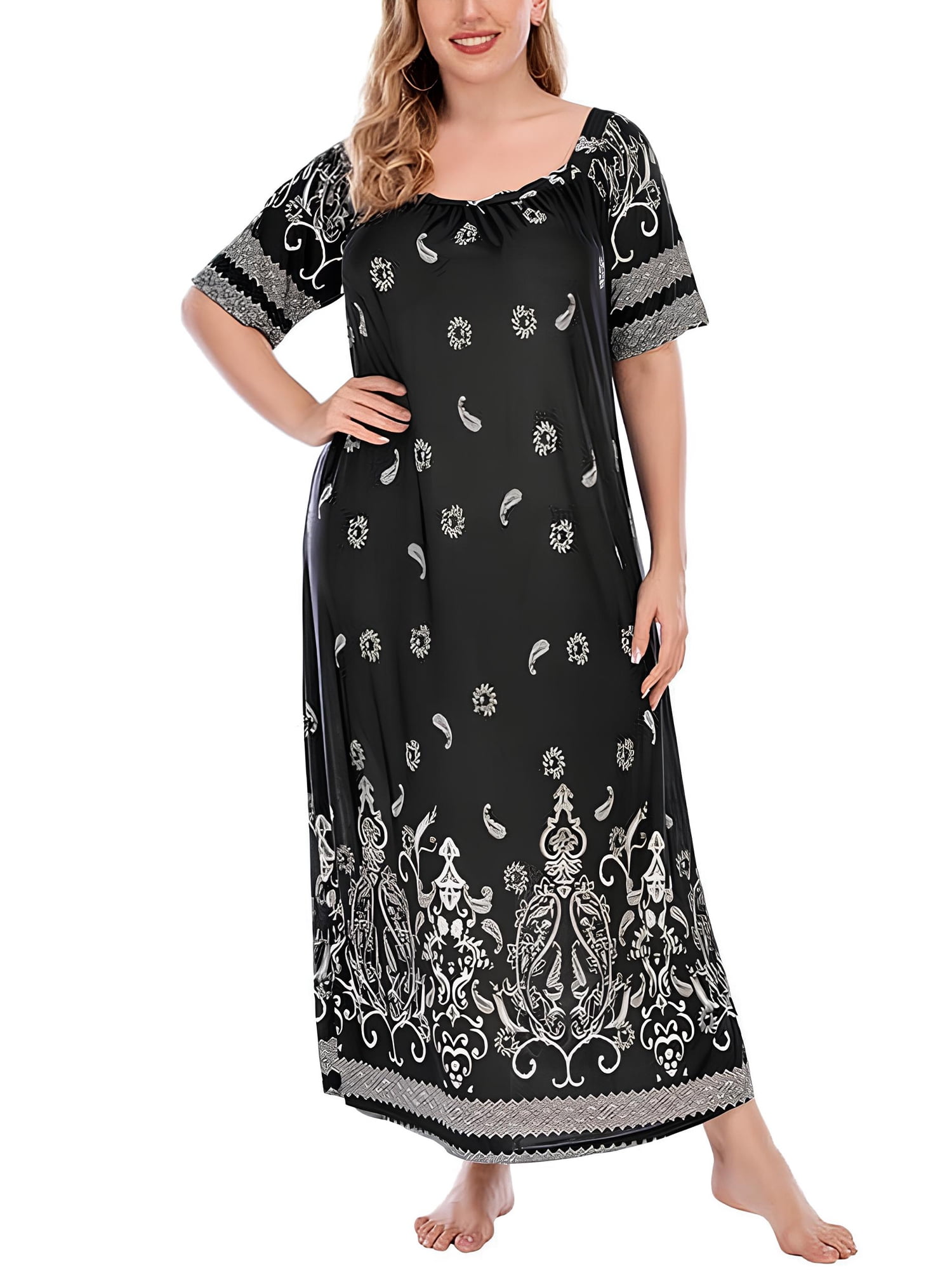 FEREMO Plus Size Women's Nightgown Floral Printed Maxi Short Sleeve