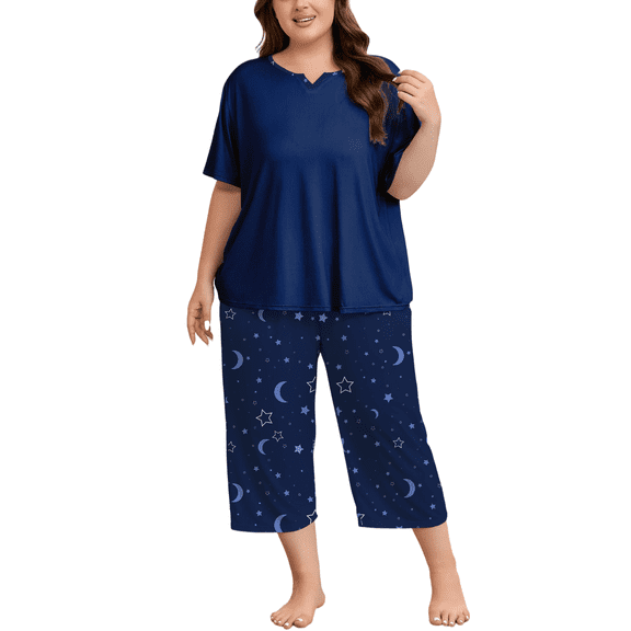 FEREMO Women Plus Size Pajamas Set Short Sleeve Prints Pjs Sets Sleepwear 2 Piece Loungewear Capri Pants with Pockets