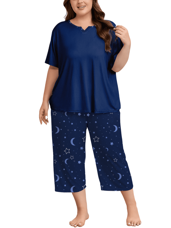 Women Plus Size Pajamas Set Short Sleeve Prints Pjs Sets Sleepwear 2 Piece Loungewear Capri Pants with Pockets