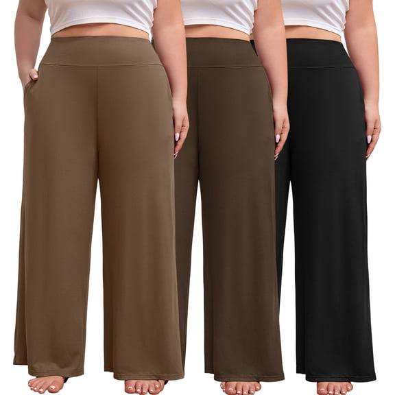 FEREMO Women's Plus Size Pajama Pants, High Waisted Wide Leg Lounge Pants with Pockets 3 Pack