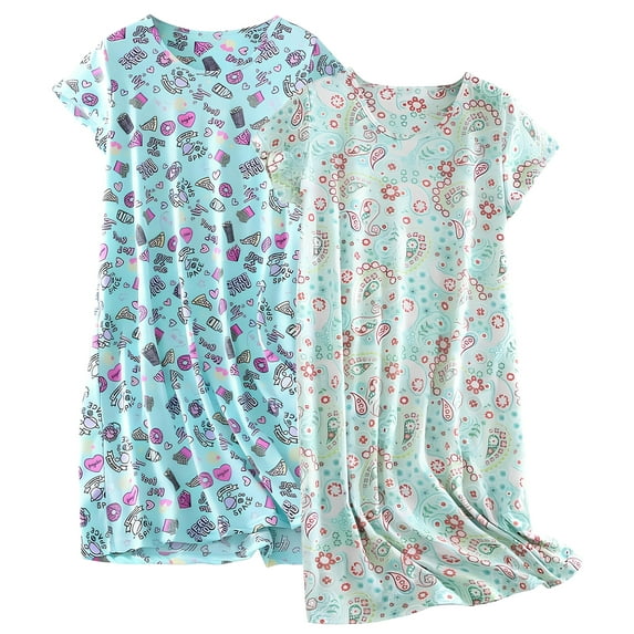 FEREMO Sleepwear for Women 2 Pack Cotton Printed Sleepshirt Loungewear Night Dress