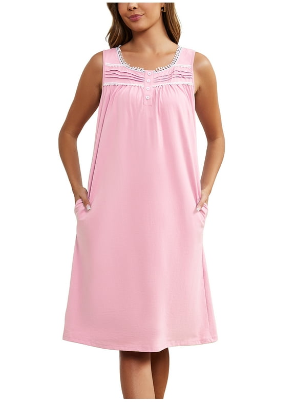 Sleeveless Nightgowns for Women 100%Cotton V Neck Sleepwear