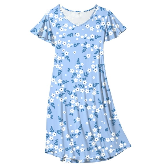 FEREMO Women Nightgowns Soft Print Nightshirt Short Flared Sleeve V Neck Sleepshirt
