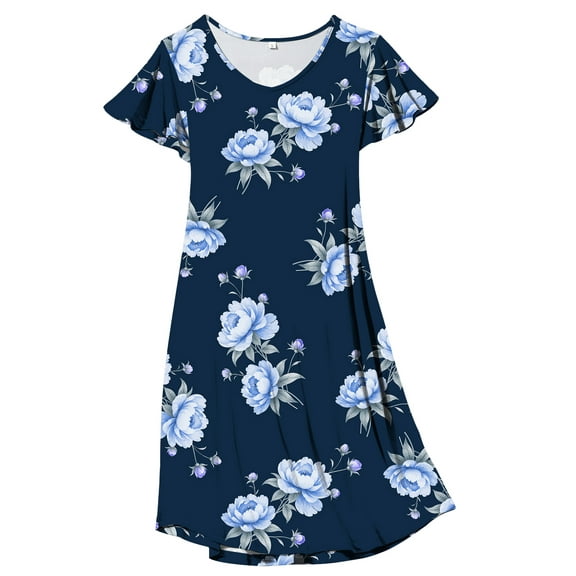 FEREMO Women Nightgowns Soft Print Nightshirt Short Flared Sleeve V Neck Sleepshirt