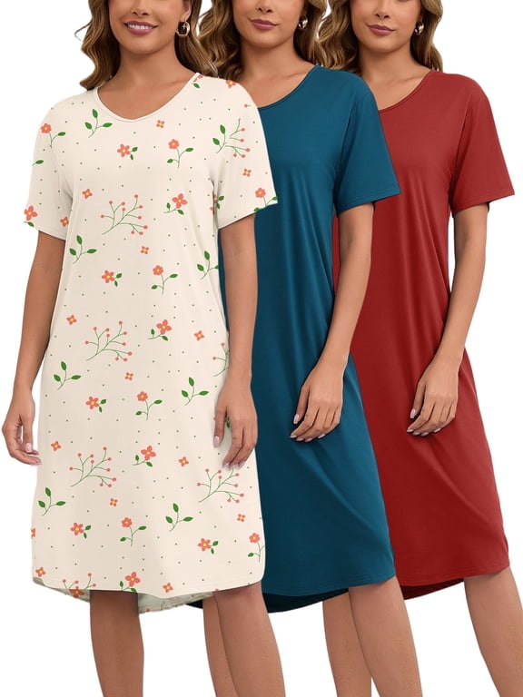 Women Nightgowns V Neck Short Sleeve Soft Sleepwear Print Night Dress, 3 Pack