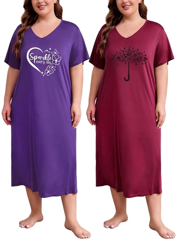 Women Plus Size Nightgown Short Sleeve Printed Sleepwear Comfy Loose Sleepshirt 2 Pack