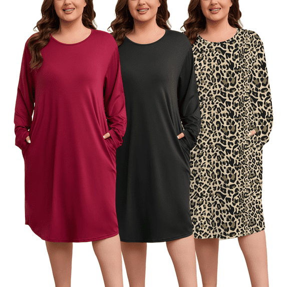 FEREMO Women Plus Size Nightgowns Long Sleeve Crew Neck Sleep Shirts with Pockets, 3 Pack