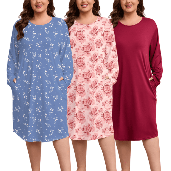 FEREMO Women Plus Size Nightgowns Long Sleeve Crew Neck Sleep Shirts with Pockets, 3 Pack