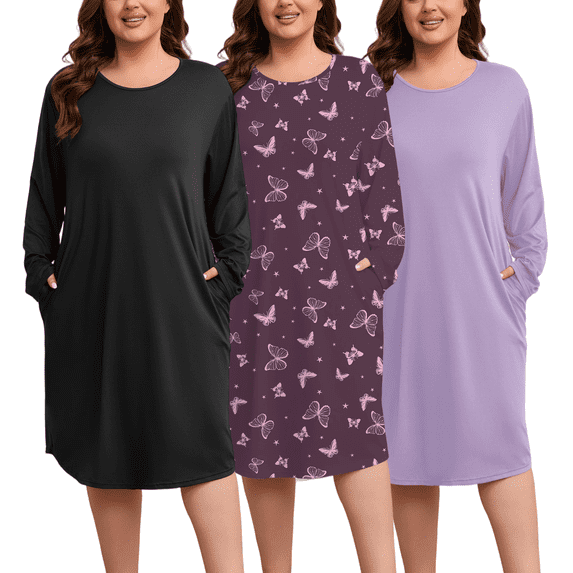 FEREMO Women Plus Size Nightgowns Long Sleeve Crew Neck Sleep Shirts with Pockets, 3 Pack