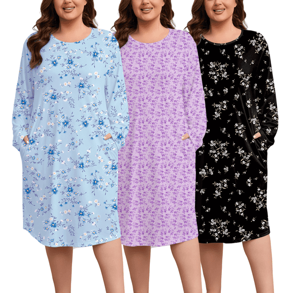 FEREMO Women Plus Size Nightgowns Long Sleeve Crew Neck Sleep Shirts with Pockets, 3 Pack