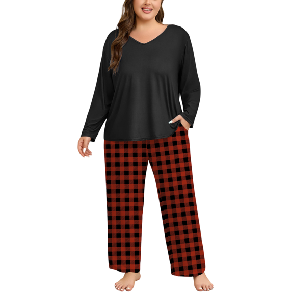 FEREMO Women Plus Size Pajamas Set Long Sleeve Pjs Sleepwear 2 Piece Loungewear With Pockets