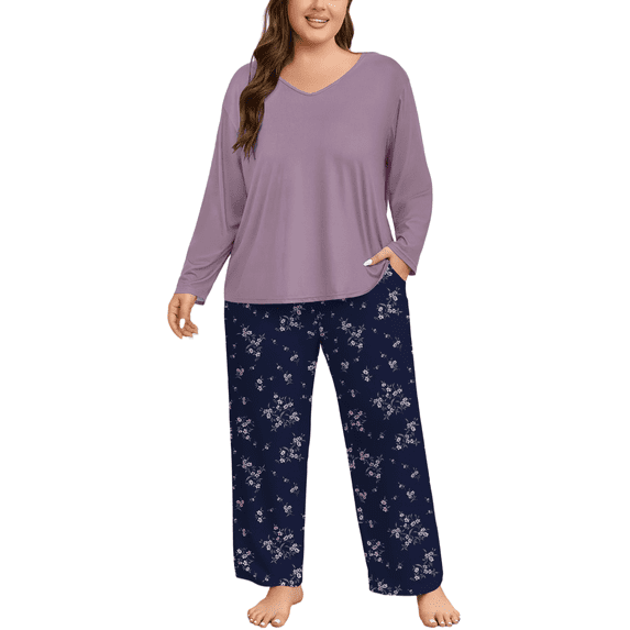 FEREMO Women Plus Size Pajamas Set Long Sleeve Pjs Sleepwear 2 Piece Loungewear With Pockets