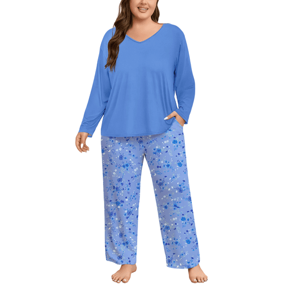 FEREMO Women Plus Size Pajamas Set Long Sleeve Pjs Sleepwear 2 Piece Loungewear With Pockets