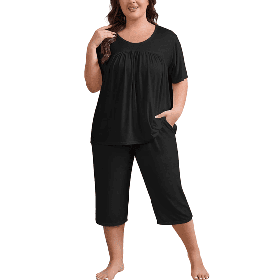 FEREMO Women Plus Size Pajamas Set Sleepwea Short Sleeve Pjs Black Pajama Sets with Pockets