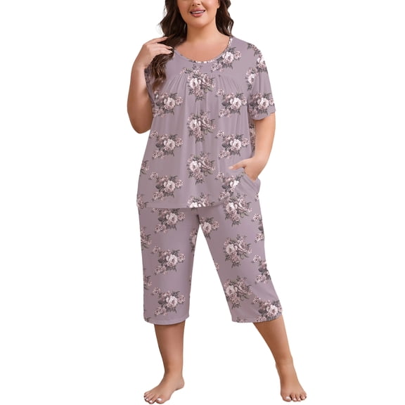 FEREMO Women Plus Size Pajamas Set Short Sleeve Pjs Capri Pants Pajama Sets Nightwear with Pockets