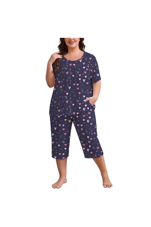 Women Plus Size Pajamas Set Short Sleeve Pjs Capri Pants Pajama Sets Nightwear with Pockets
