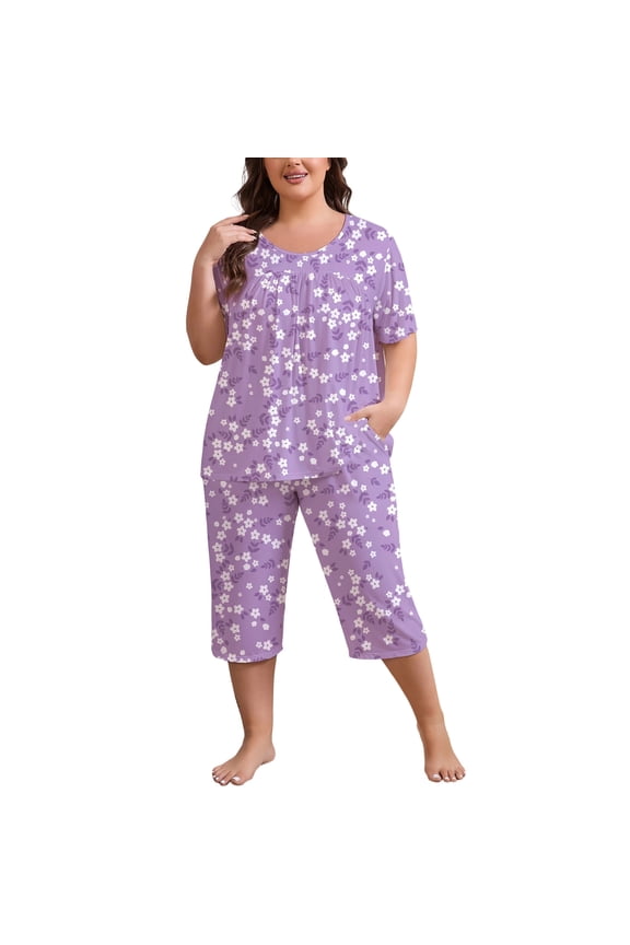 Women Plus Size Pajamas Set Short Sleeve Pjs Capri Pants Pajama Sets Nightwear with Pockets