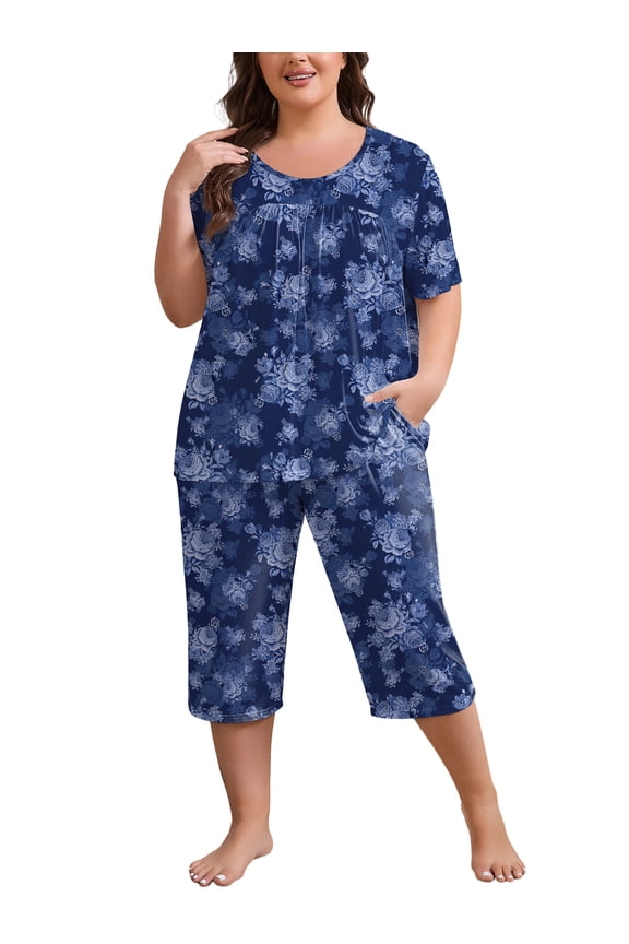 Women Plus Size Pajamas Set Sleepwea Short Sleeve Pjs Floral Pajama Sets with Pockets