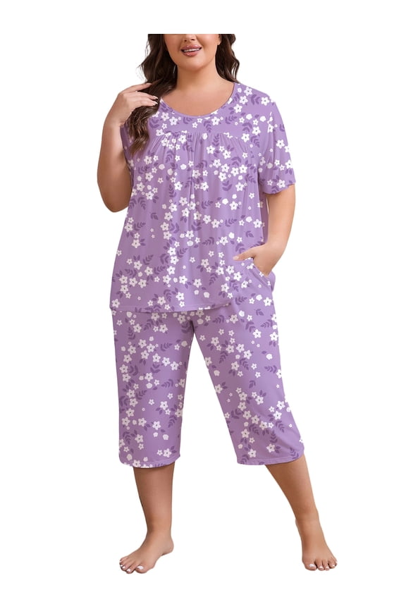 Women Plus Size Pajamas Set Short Sleeve Pjs Capri Pants Pajama Sets Nightwear with Pockets