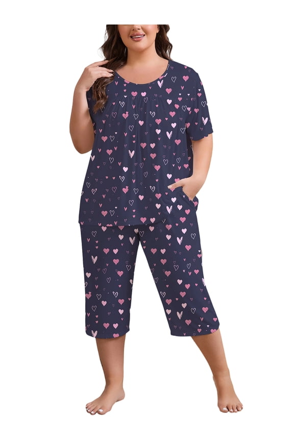 Women Plus Size Pajamas Set Short Sleeve Pjs Capri Pants Pajama Sets Nightwear with Pockets
