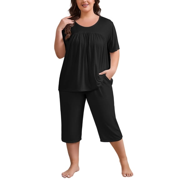 FEREMO Women Plus Size Pajamas Set Sleepwea Short Sleeve Pjs Floral Pajama Sets with Pockets
