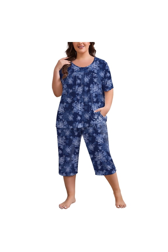Women Plus Size Pajamas Set Sleepwea Short Sleeve Pjs Floral Pajama Sets with Pockets