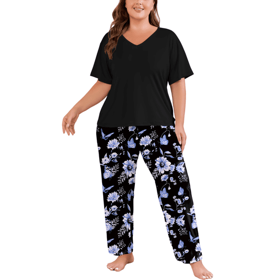 FEREMO Women Plus Size Pajamas Set Short Sleeve V Neck Sleepwear, 2 Piece Pjs Sets with Pockets