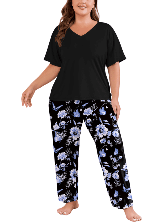 Women Plus Size Pajamas Set Short Sleeve V Neck Sleepwear, 2 Piece Pjs Sets with Pockets