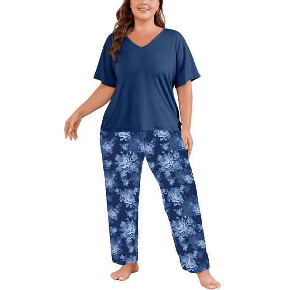 FEREMO Women Plus Size Pajamas Set Short Sleeve V Neck Sleepwear, 2 Piece Pjs Sets with Pockets