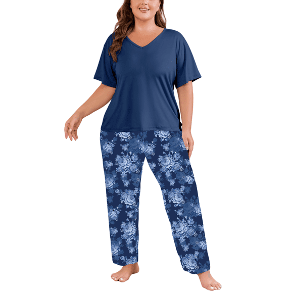 FEREMO Women Plus Size Pajamas Set Short Sleeve V Neck Sleepwear, 2 Piece Pjs Sets with Pockets