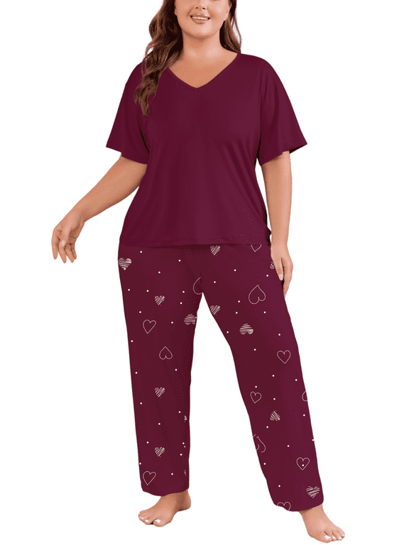 Women Plus Size Pajamas Set Short Sleeve V Neck Sleepwear, 2 Piece Pjs Sets with Pockets